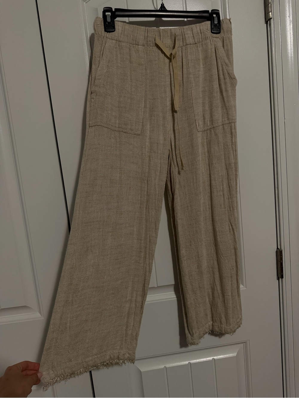 Light Beige Wide-Leg Drawstring Linen Pants PETITE SHORT SMALL